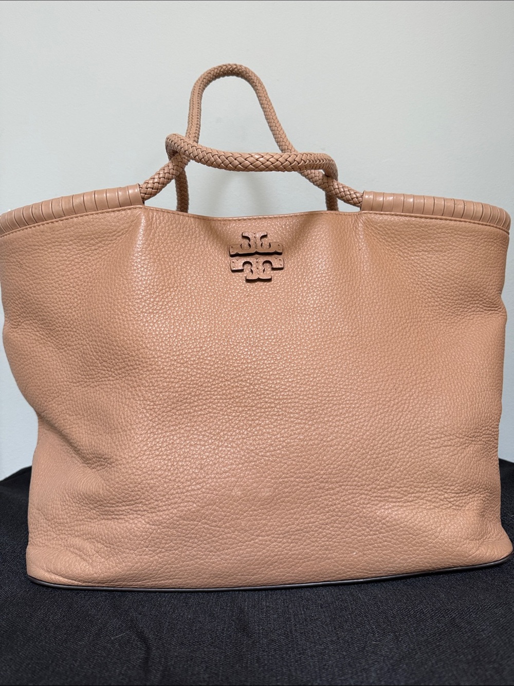 Tory Burch Braided Handle Pebbled Leather Tote in Tan